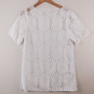 Womens White Floral Open Knit Shear Lacey Beach Coverup Top Size S BOHO Crochet